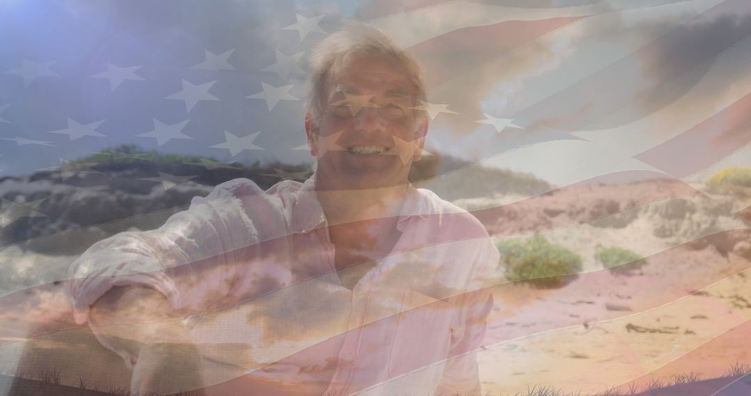 Smiling Man Outdoors with Overlay of United States Flag - Free Images, Stock Photos and Pictures on Pikwizard.com