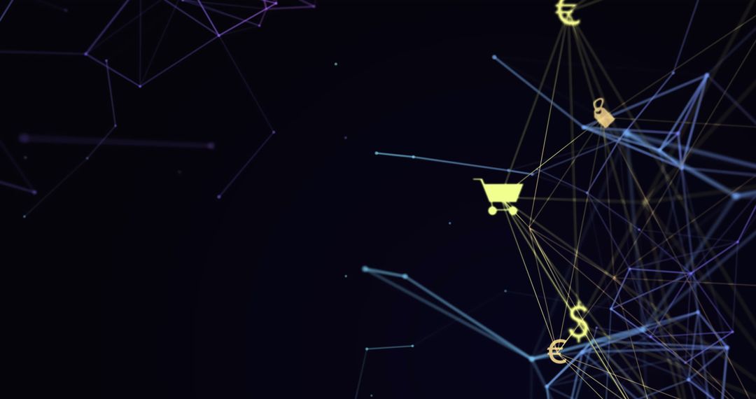 Digital networking with currency and shopping icons on tech background