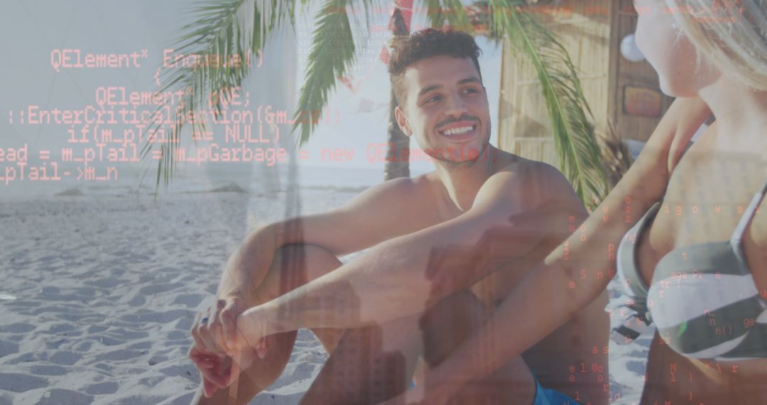 Couple Relaxing Under Palm Tree on Sunny Beach