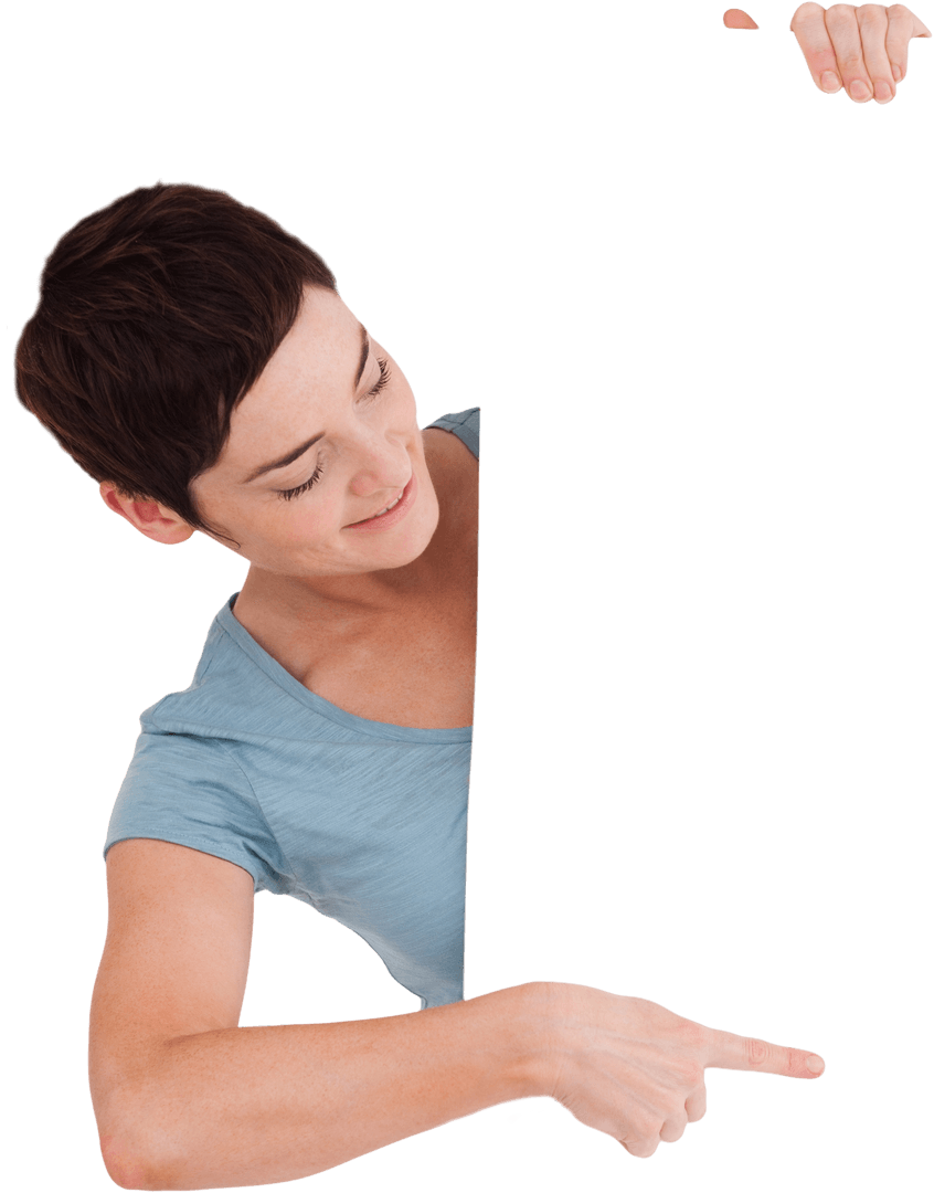 Transparent Woman Pointing Below Highlighting Space