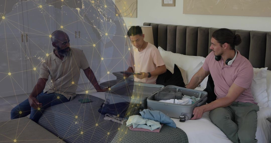 Three men unpacking suitcase on bed while using devices with global network overlay