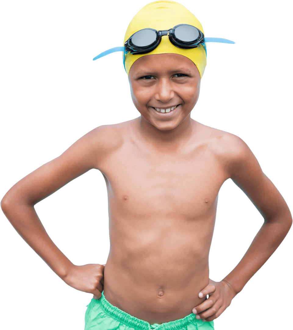 Transparent Portrait of Boy Wearing Swim Cap and Goggles, Hands on Hips