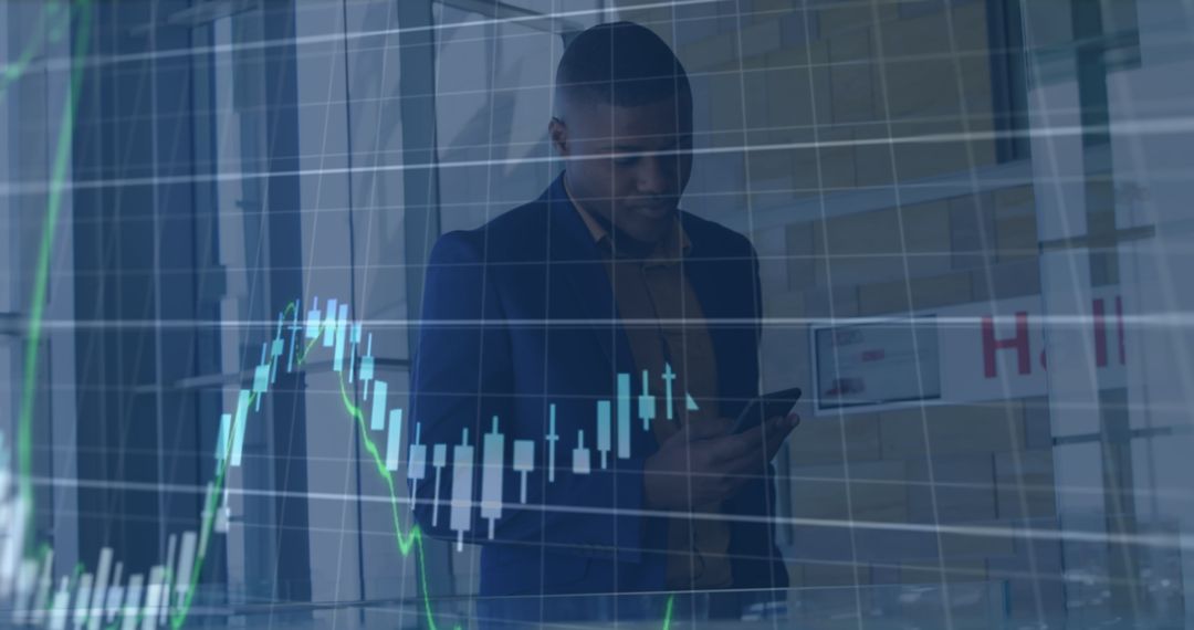 Double Exposure of Businessman Analyzing Financial Data on Smartphone