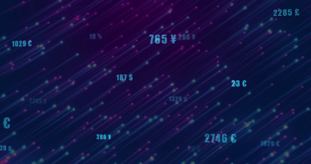 Neon Data Streams with Floating Currency Symbols and Numbers