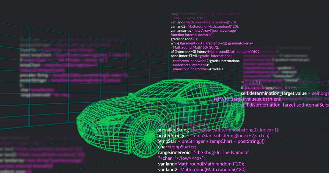 Futuristic Green Wireframe Car in Virtual 3D Coding Environment