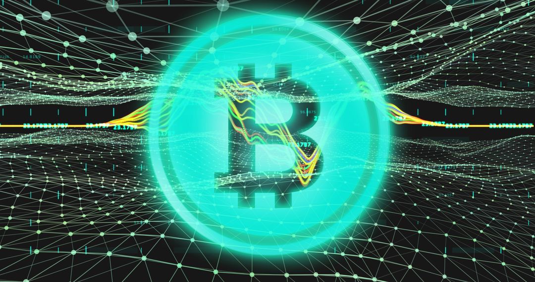 Glowing Bitcoin Symbol with Digital Network Connections Background