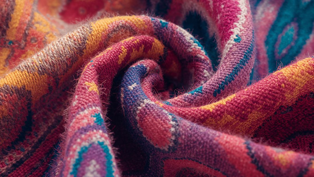 Vibrant Geometric Knit Textile with Central Swirl Pattern