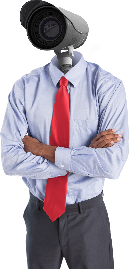 Transparent Businessman with CCTV Camera for Head and Assertive Pose
