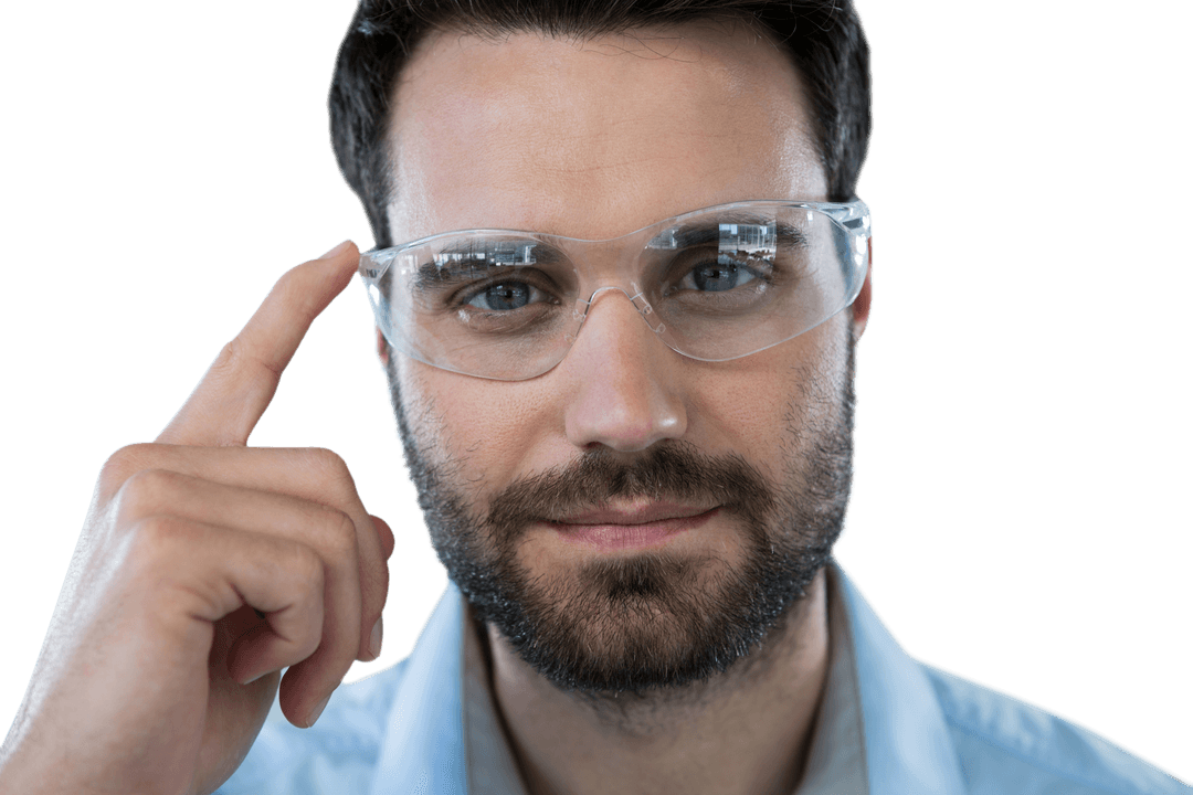Transparent Protective Eyewear on Confident Man Pointing