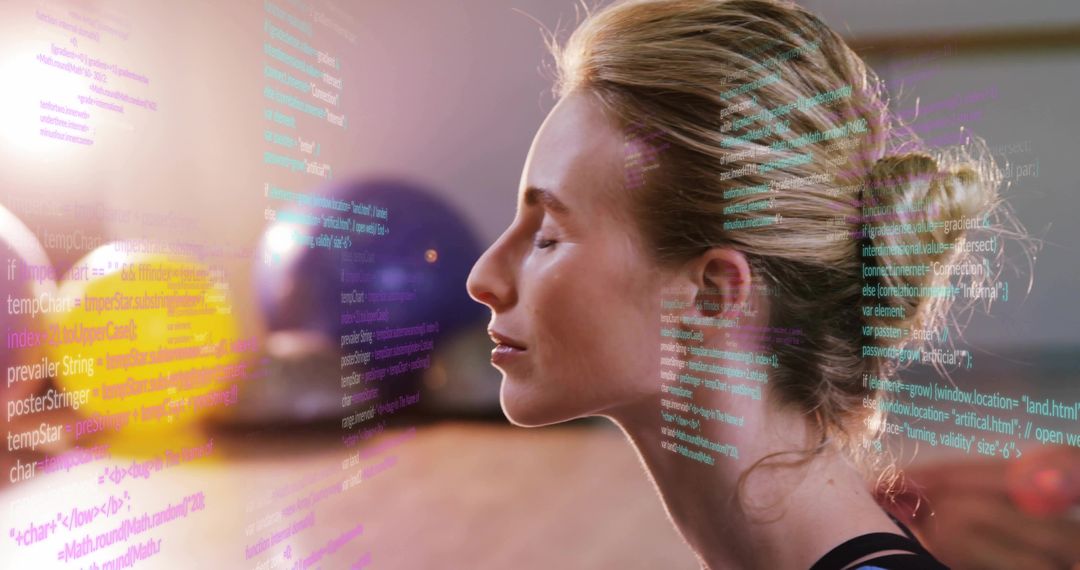 Young woman meditating with floating code overlay, wellness and tech balance in yoga studio