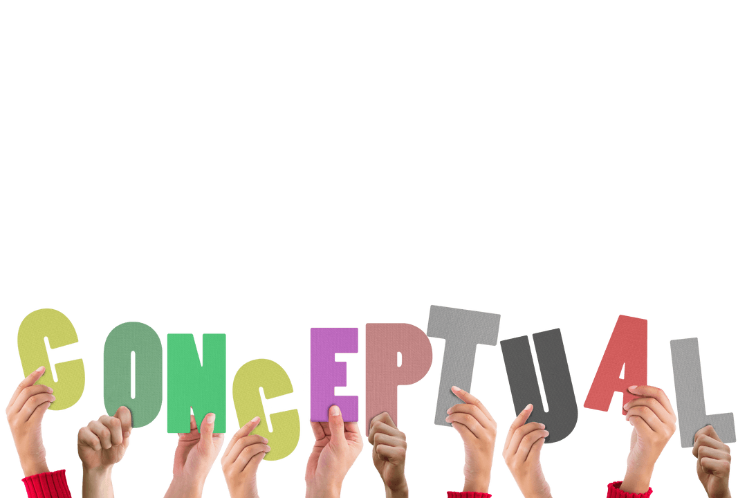 Hands Holding Colorful Conceptual Text on Transparent Background