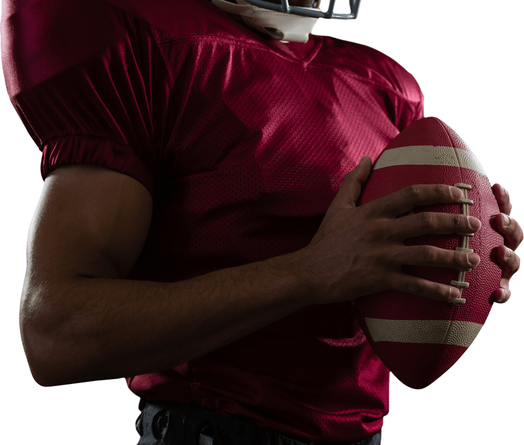 Athlete Holding Football Wearing Red Uniform on Transparent Background