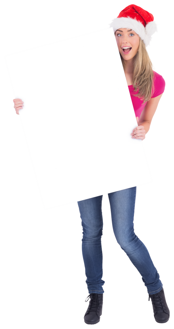 Festive Young Woman Holding Large Blank Poster Isolated On Transparent Background - Download Free Stock Images Pikwizard.com