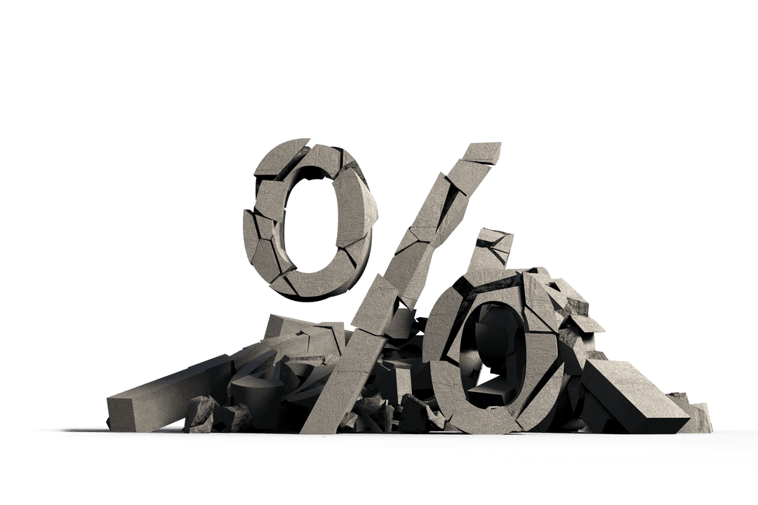 Transparent 3D Crumbling Percent Sign with Debris