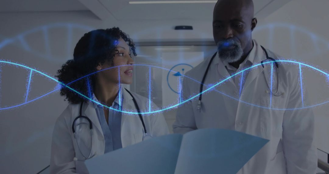 Doctors Analyzing Data with DNA Helix Overlay in Clinical Corridor