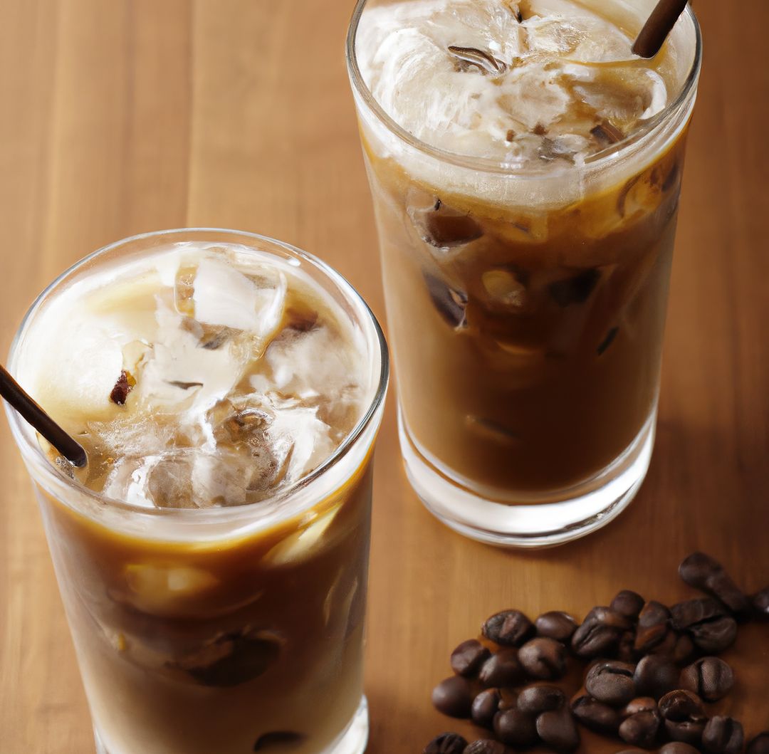 Two Iced Coffees with Coffee Beans on Wooden Table - Free Images, Stock Photos and Pictures on Pikwizard.com