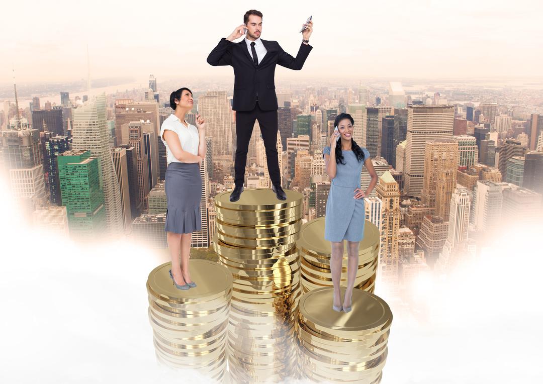 Business People Standing on Stacked Gold Coins with Cityscape Background - Free Images, Stock Photos and Pictures on Pikwizard.com