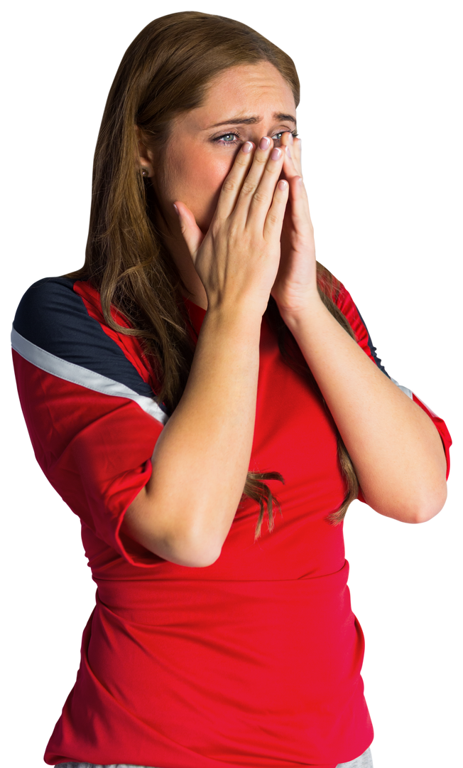 Nervous Female Football Fan In Red Clutching Face Transparent Background - Download Free Stock Images Pikwizard.com