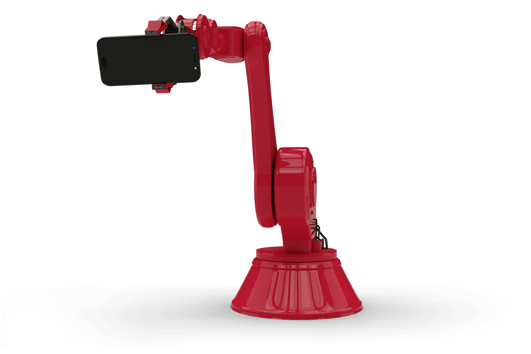 Red Robotic Arm Holding Smartphone Transparent Technology Communication