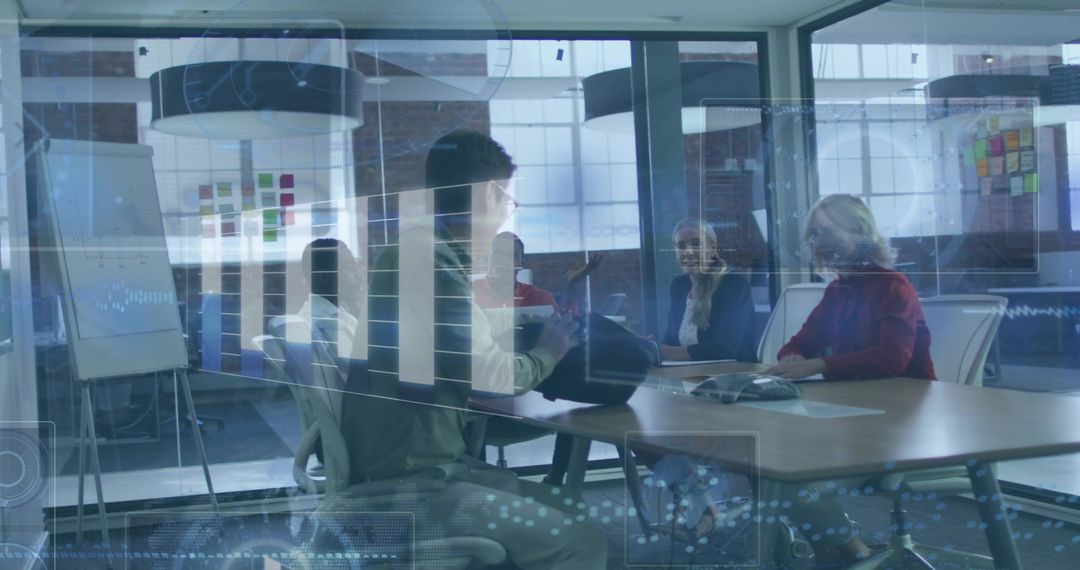 Discussing strategy in modern glass boardroom with analytics overlay and collaborative team