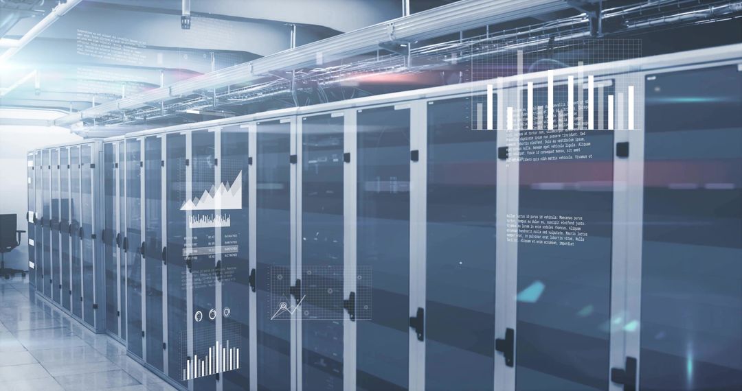 Futuristic glass server rack aisle with holographic data visualization and cooling