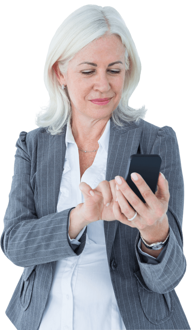 Transparent Background Mature Businesswoman Texting on Smartphone