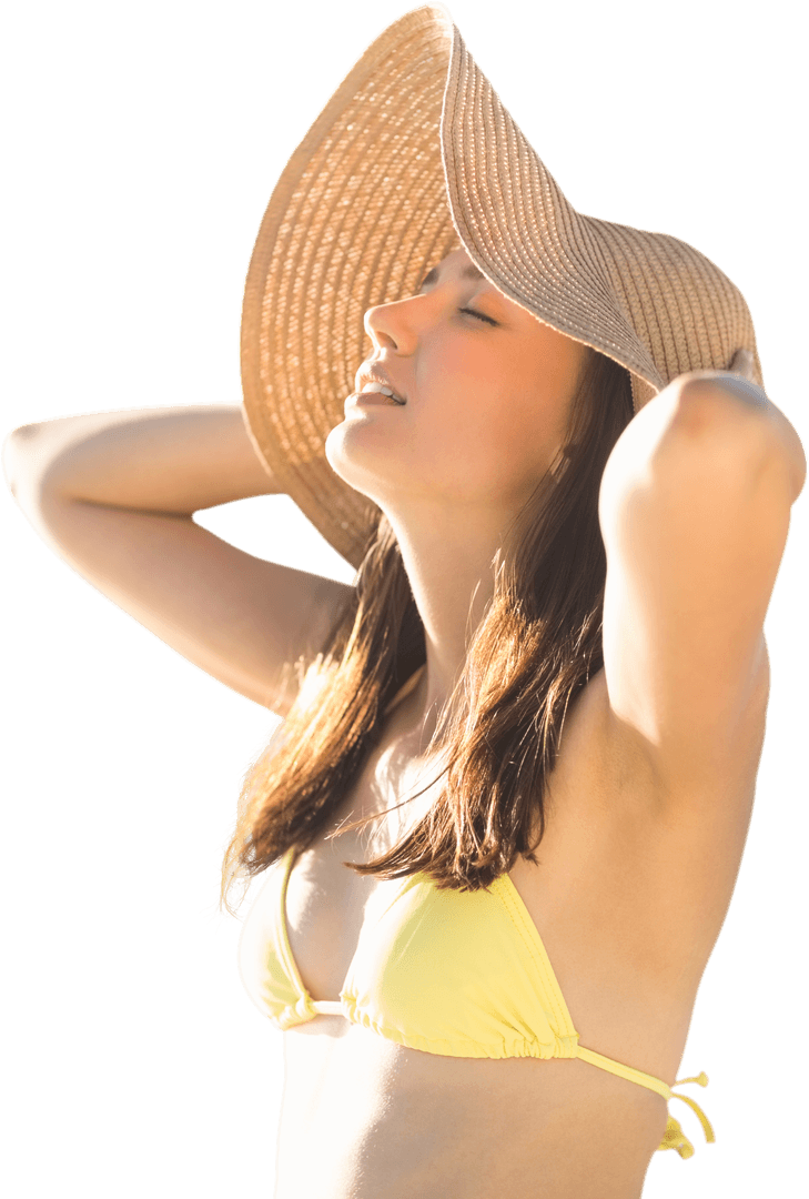Relaxed Woman in Sunhat and Bikini Enjoying Summer on Transparent Background