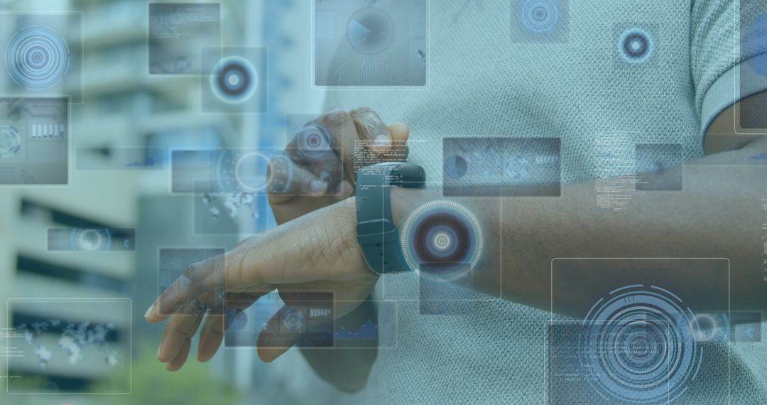 Man Interacting with Smartwatch Amidst Digital Data Interfaces