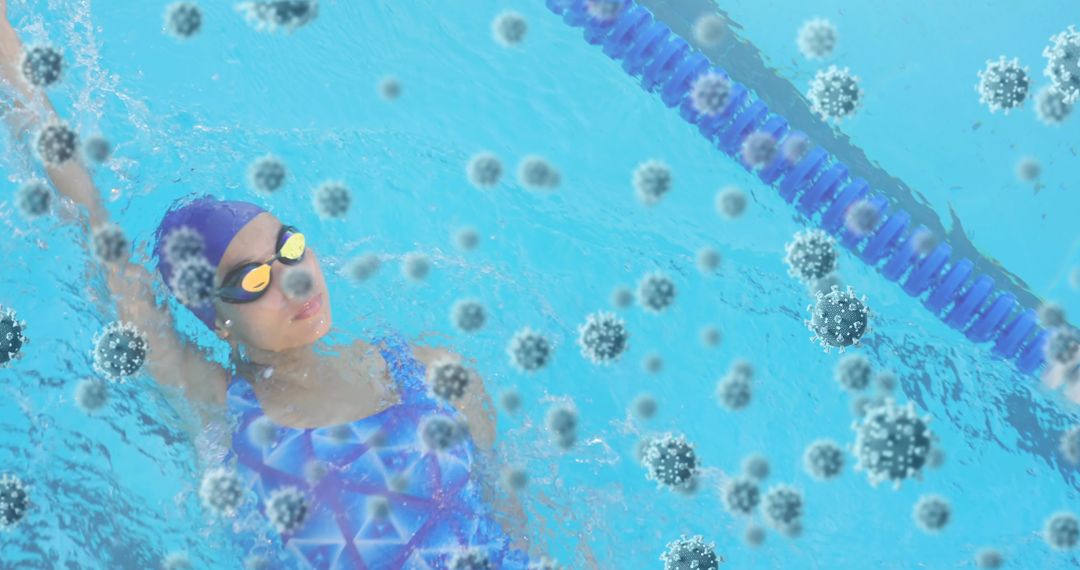 Swimmer in Pool with Virus Particles Highlighting Health Risks