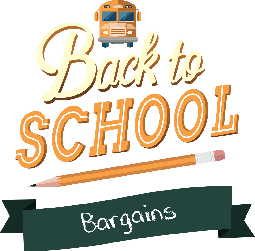 Transparent Back to School Bargains Banner with Bus and Pencil