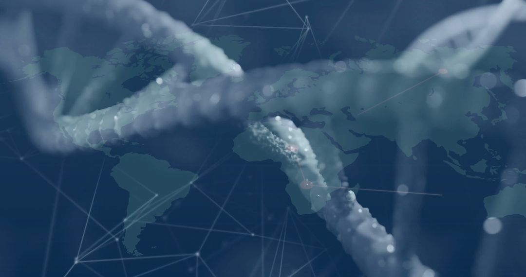 DNA Strands Overlaying World Map with Network Connections
