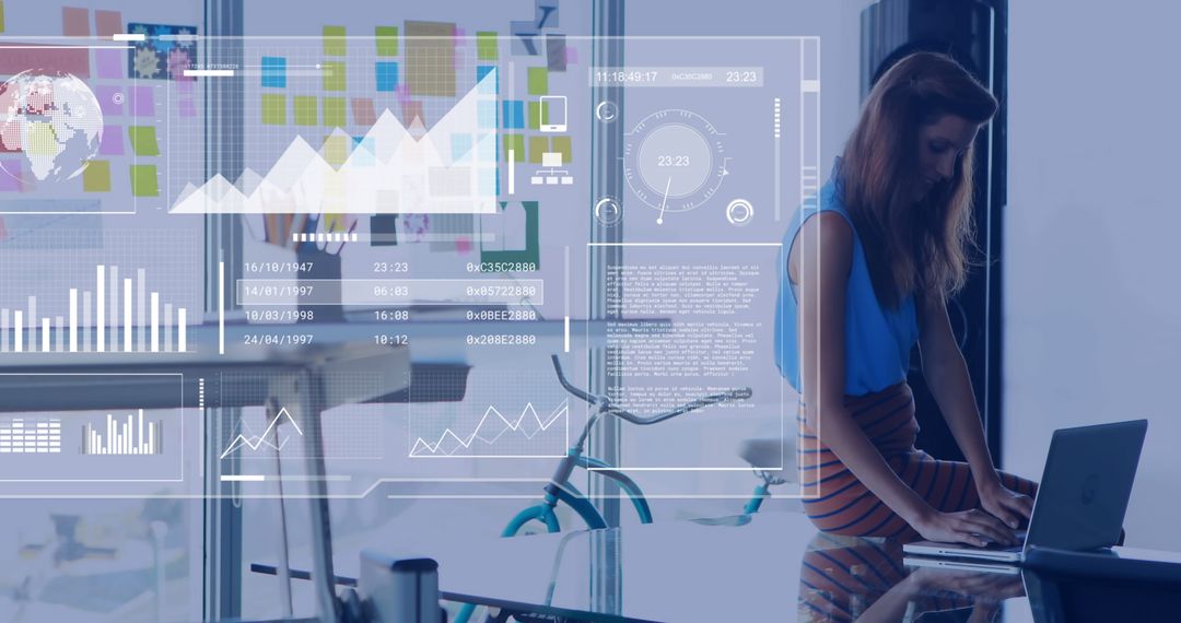 Modern Businesswoman Typing on Laptop with Data Overlay in Office