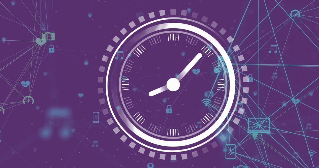 Digital Clock Concept with Network Connections on Purple Background