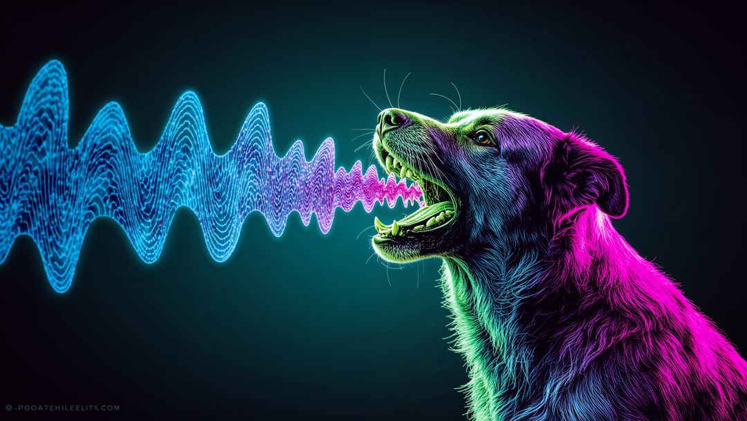 Neon barking dog emitting futuristic waveforms in abstract setting