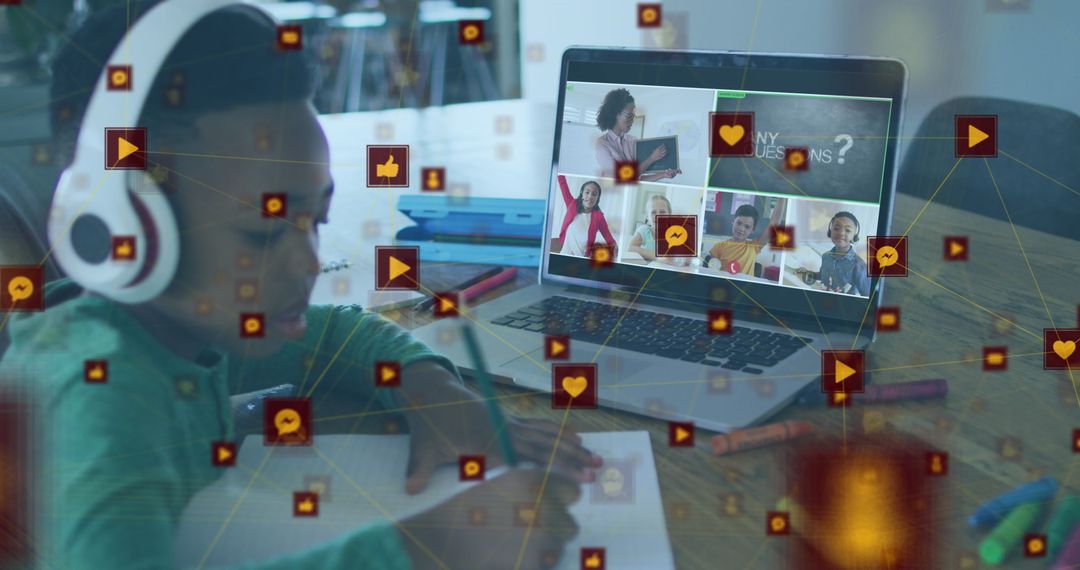 African American Boy Studying via Online Class at Home