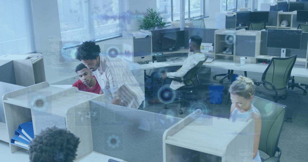Team Collaborating in Modern Office with Digital Overlay
