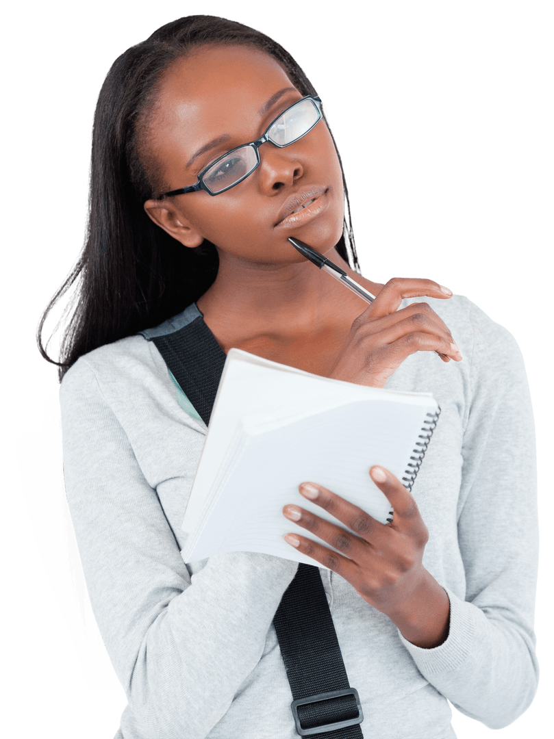 Thoughtful Woman with Glasses Holding Notepad on Transparent Background