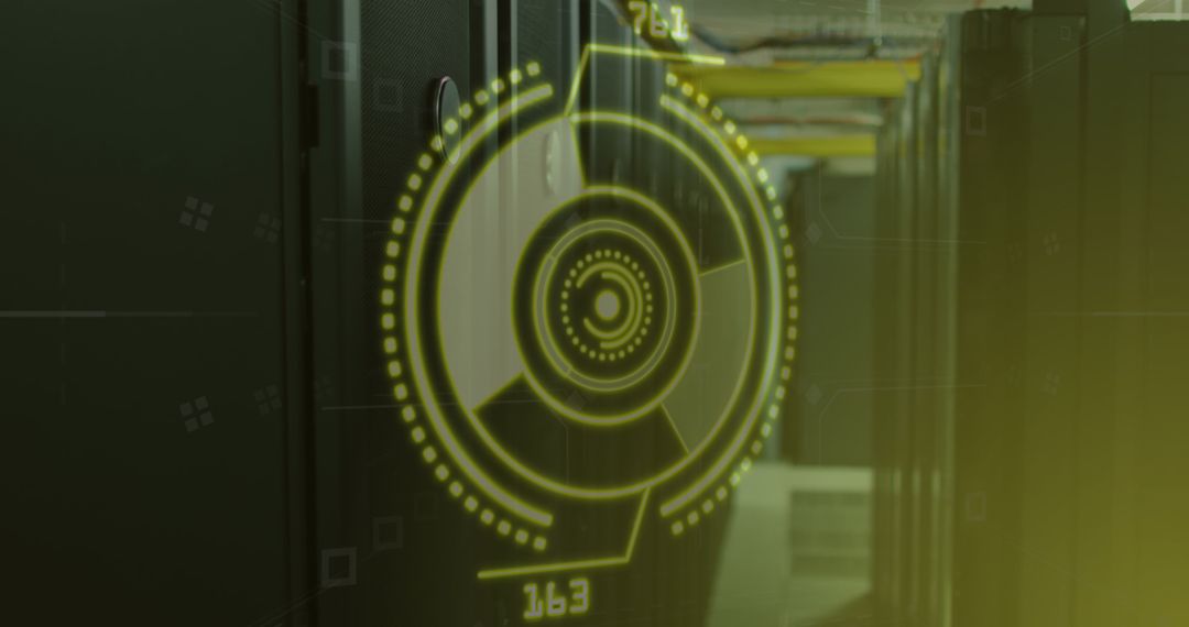 Digital Interface on Server Room with Futuristic HUD Display
