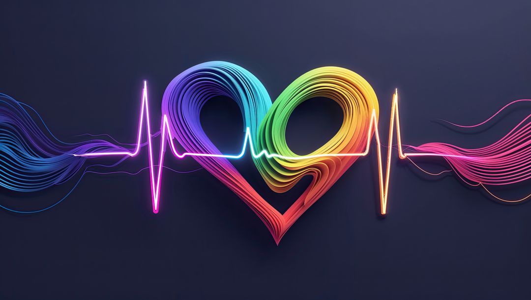 Vibrant Heartbeat with Rainbow Waves and Neon Effects on Dark Background