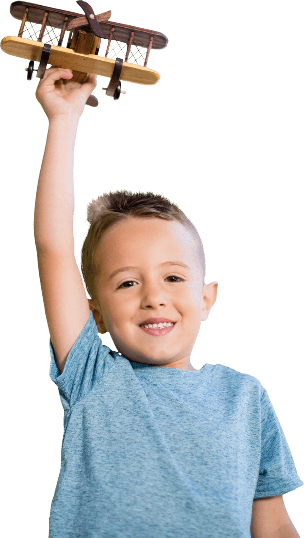Boy Happily Holding Wooden Airplane Transparent Background
