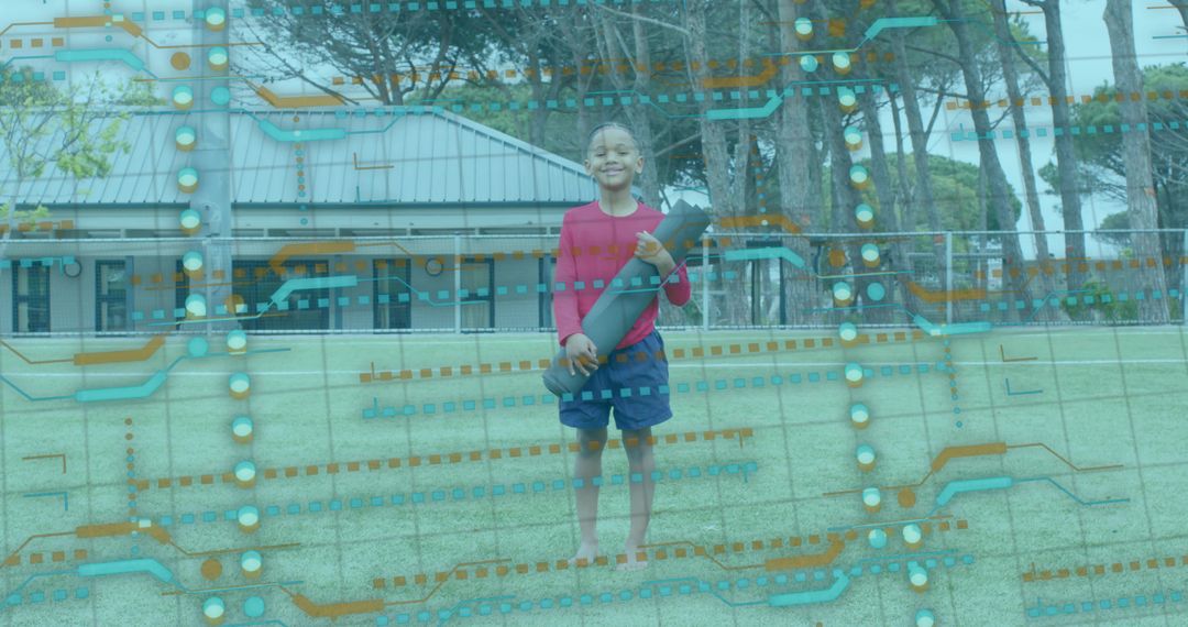 Energetic Boy on Sports Field with Tech Circuit Overlay