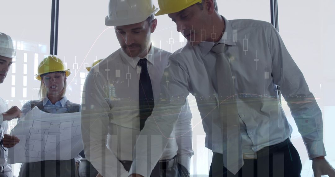 Architects Analyzing Plans with Graph Overlay During Meeting