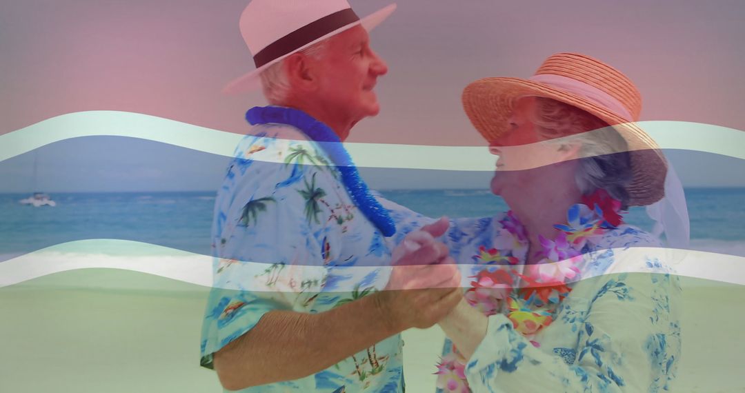 Elderly Couple Dancing on Tropical Beach with Gambia Flag Overlay