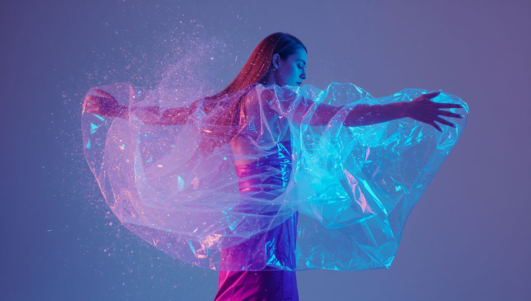 Futuristic Glamour: Model in Metallic Dress with Floating Glitter Effect