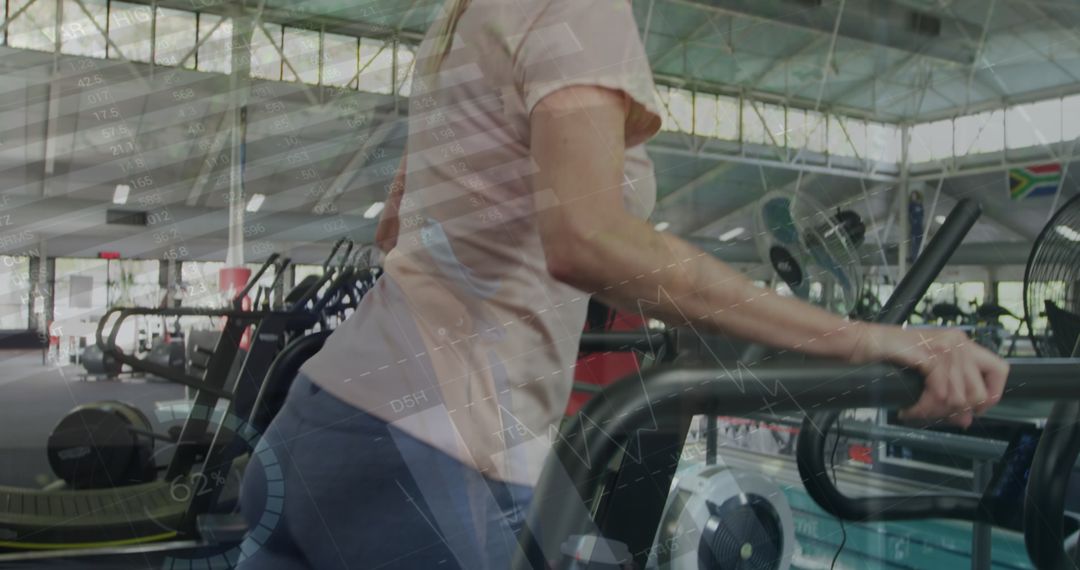 Female Athlete Running on Treadmill with Digital Interface Overlay
