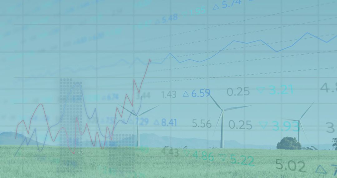 Wind turbines rotating over green field with data overlay highlighting renewable energy trends