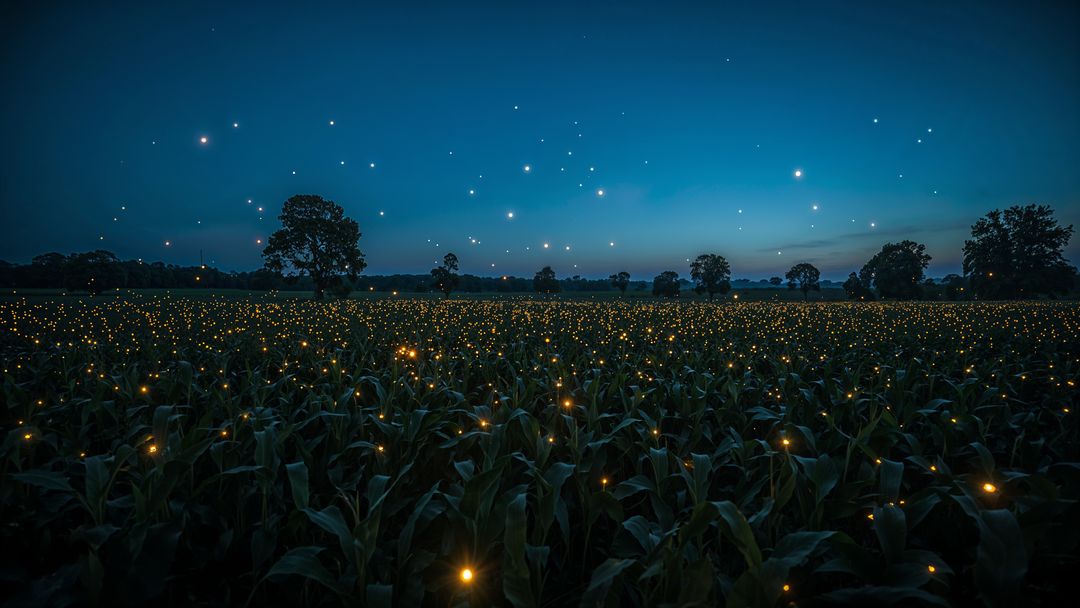 Firefly lights illuminate nebraska cornfield at dusk in summer nightscape