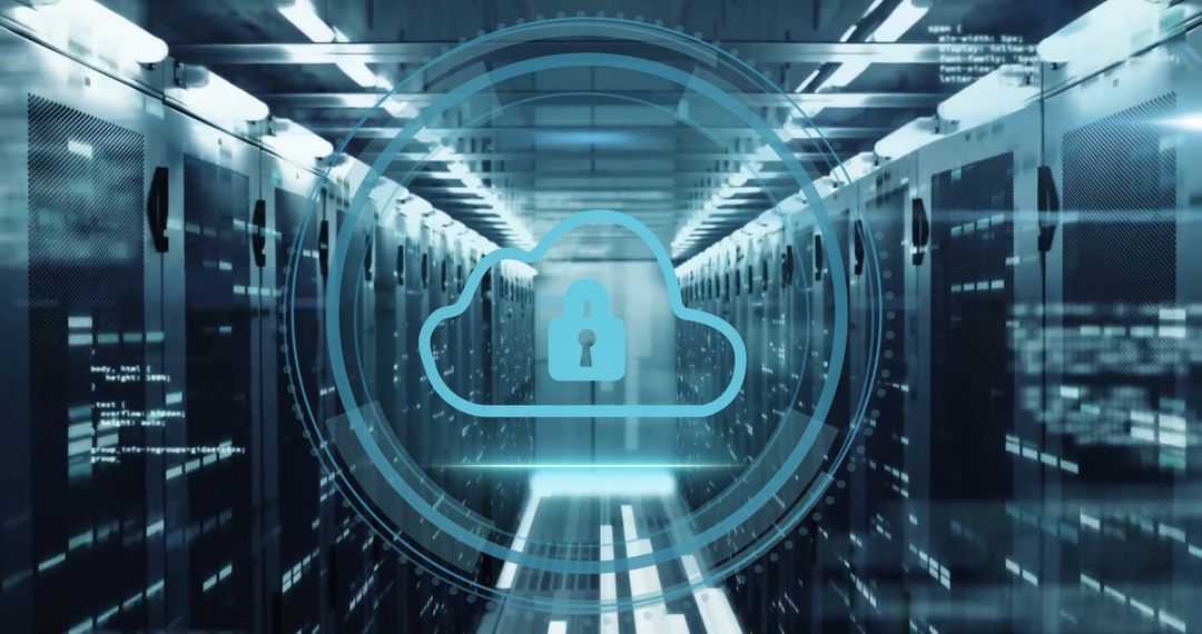 Cyber Security Cloud Icon Over Data Center Servers