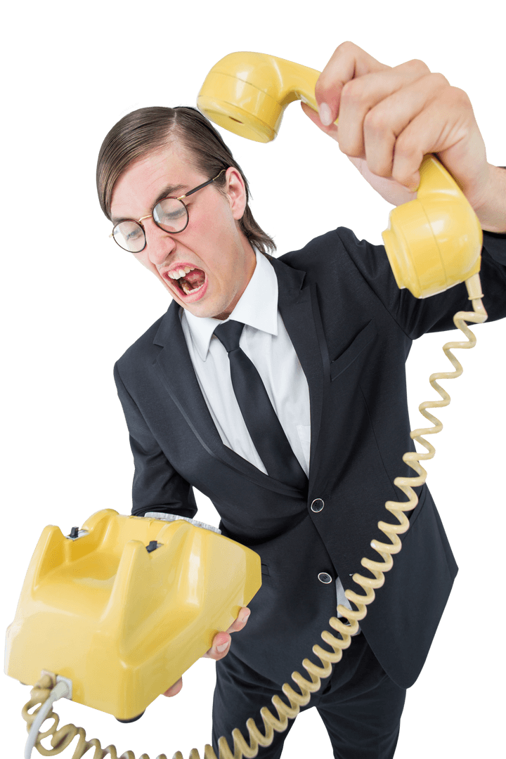Frustrated Businessman Hanging Up Old Telephone Transparent Background