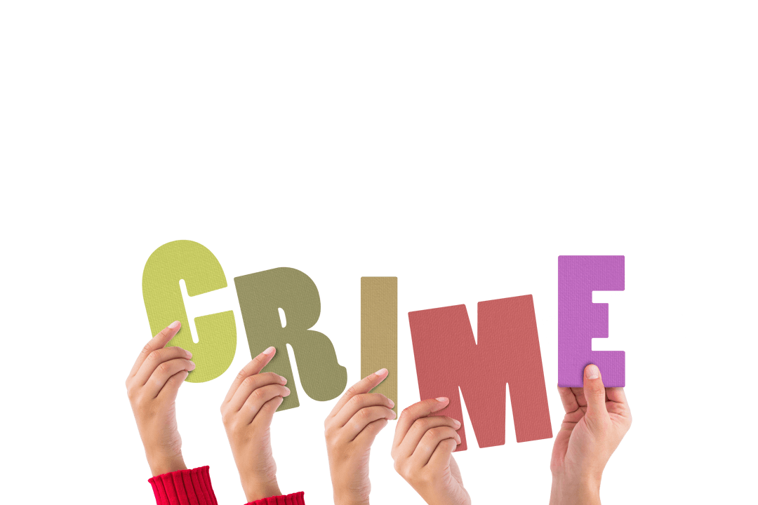 Hands Holding Crime Text in Vibrant Colors on Transparent Background